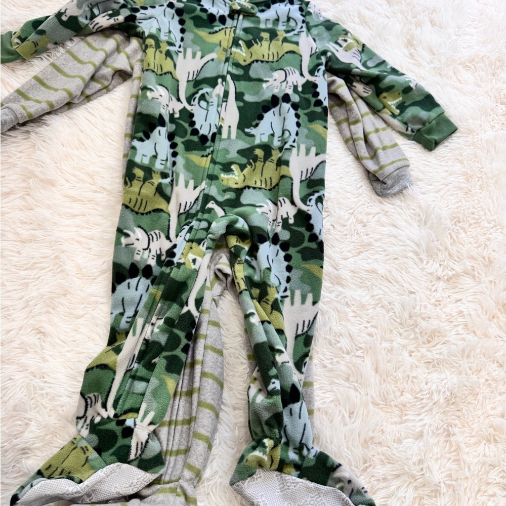 Carter's Green Dinosaur Print Footie Zip up Fleece Pajamas- 2 pieces
